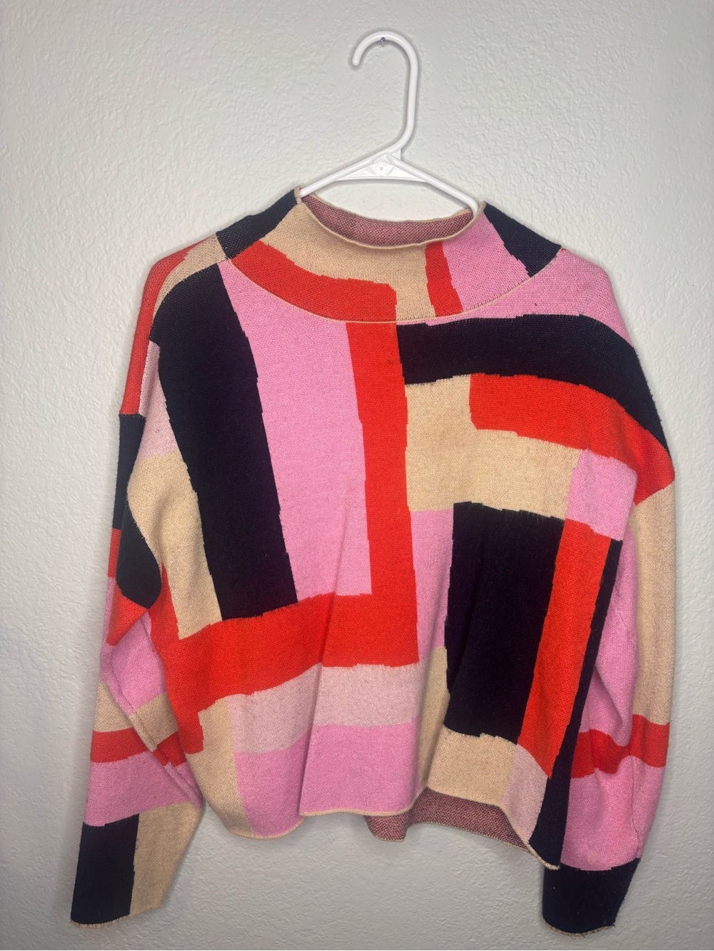 Maeve Abstract Block Turtleneck Sweater in Pink, Red, Black, and Cream